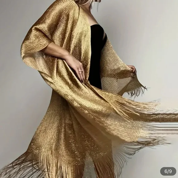 Boutique Tops | 867 .Elegant Gold Fringe Shawl Shimmering Metallic Kimono Cardigan - Semi-Sheer, | Color: Gold | Size: One Size | Merkuri's Closet Boutique Tops | 867 .Elegant Gold Fringe Shawl Shimmering Metallic Kimono Cardigan - Semi-Sheer, | Color: Gold | Size: One Size | Merkuri's Closet